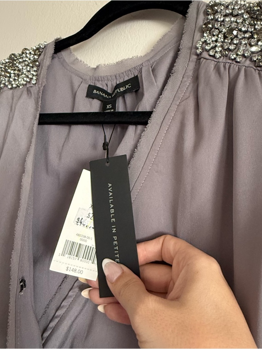 Banana Republic Embellished Shoulder Short Sleeve Wrap Dress in Purplish Gray - Picture 7 of 9